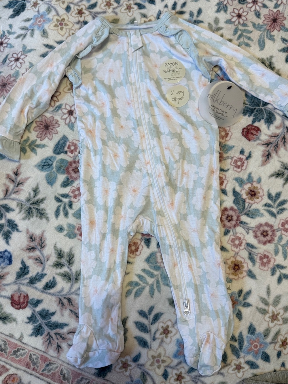 Milkberry Baby Floral Zip Onesie Footed Pajamas - Light Green